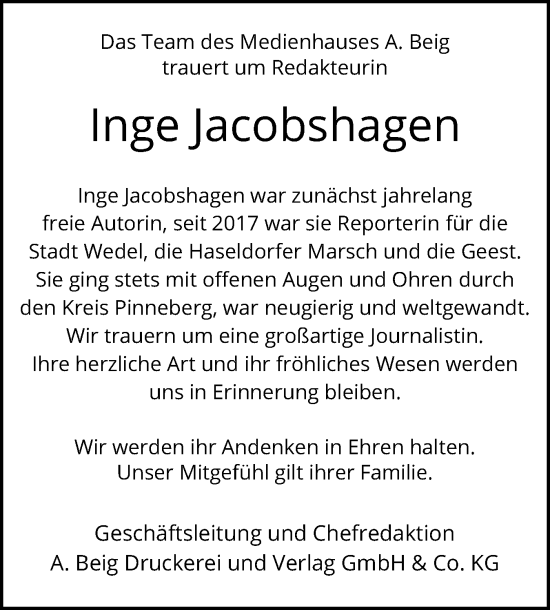 Traueranzeige von Inge Jacobshagen von A. Beig Gesamtausgabe