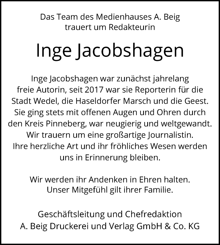  Traueranzeige für Inge Jacobshagen vom 08.06.2024 aus A. Beig Gesamtausgabe