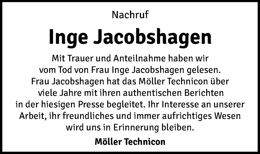  Traueranzeige für Inge Jacobshagen vom 22.06.2024 aus Wedel-Schulauer Tageblatt, tip Wedel-Schulauer Tageblatt, tip Rissener Rundschau