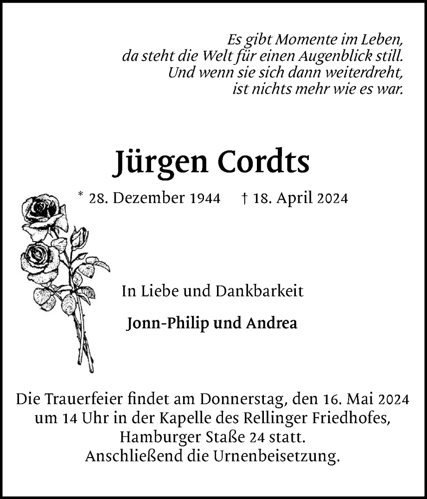  Traueranzeige für Jürgen Cordts vom 11.05.2024 aus Region Pinneberg und tip Pinneberg