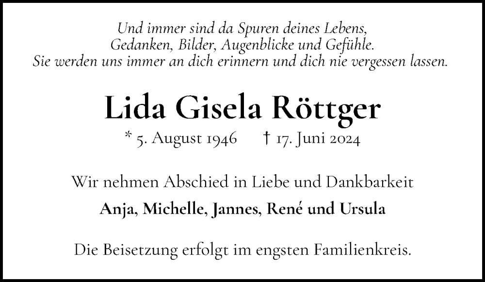  Traueranzeige für Lida Gisela Röttger vom 29.06.2024 aus Wedel-Schulauer Tageblatt, tip Wedel-Schulauer Tageblatt, tip Rissener Rundschau