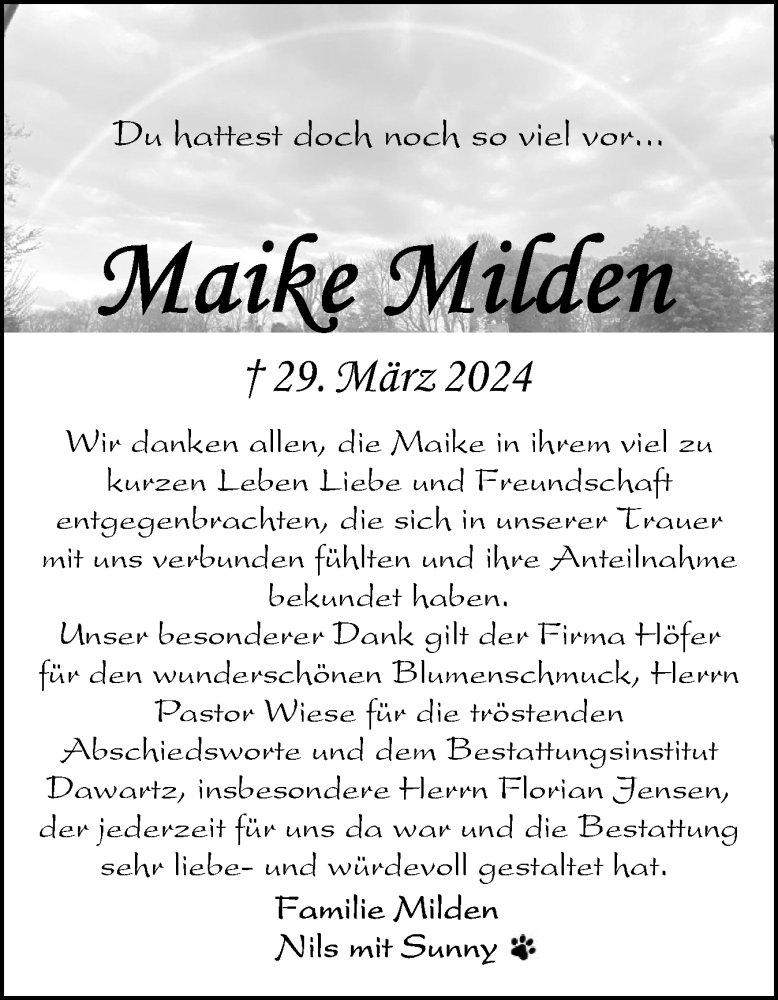  Traueranzeige für Maike Milden vom 18.05.2024 aus Husumer Nachrichten, Nordfriesland Tageblatt