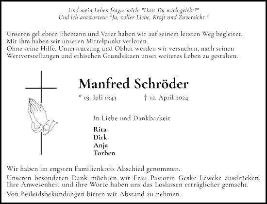 Traueranzeige von Manfred Schröder von Elmshorner Nachrichten, Barmstedter Zeitung