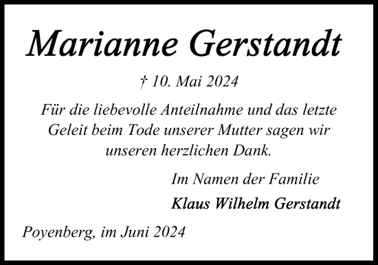 Traueranzeige von Marianne Gerstandt von Norddeutsche Rundschau, Wilstersche Zeitung, Glückstädter Fortuna