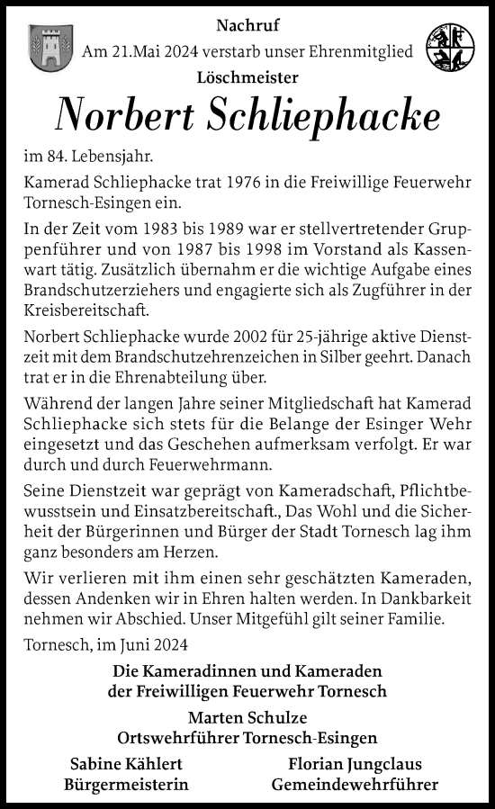 Traueranzeige von Norbert Schliephacke von Uetersener Nachrichten, Der tip am Wochenende