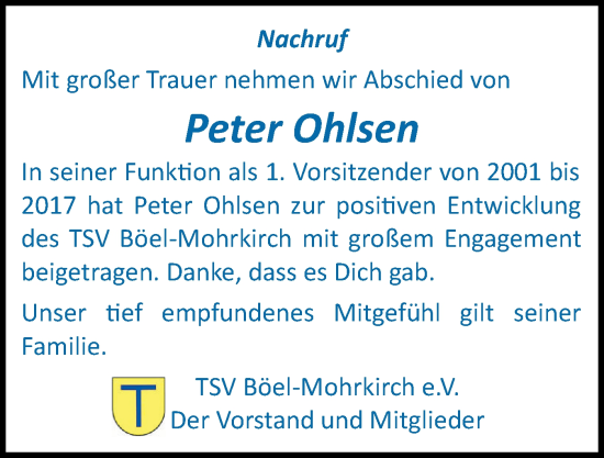 Traueranzeige von Peter Ohlsen von Flensburger Tageblatt, Schleswiger Nachrichten, Schlei-Bote