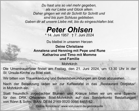 Traueranzeige von Peter Ohlsen von Flensburger Tageblatt, Schleswiger Nachrichten, Schlei-Bote