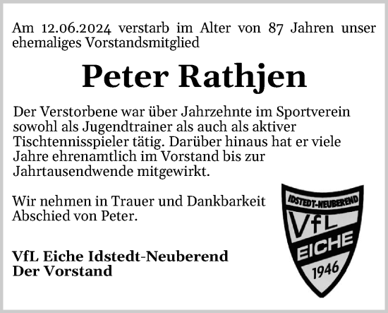 Traueranzeige von Peter Rathjen von Schleswiger Nachrichten, Schlei-Bote