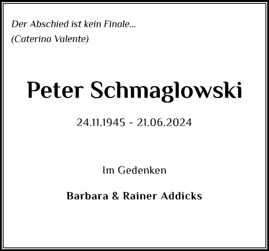 Traueranzeige von Peter Schmaglowski von Holsteinischer Courier