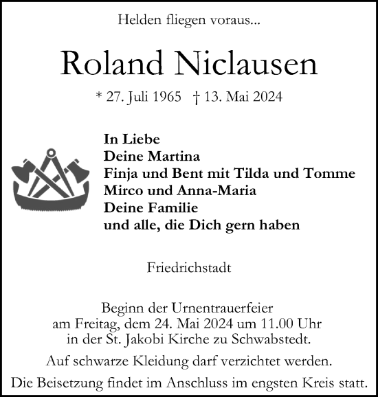 Traueranzeige von Roland Niclausen von Husumer Nachrichten, Nordfriesland Tageblatt