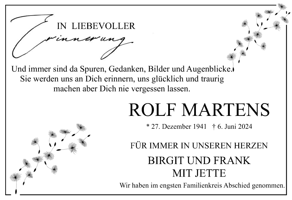  Traueranzeige für Rolf Martens vom 22.06.2024 aus Uetersener Nachrichten, Der tip am Wochenende