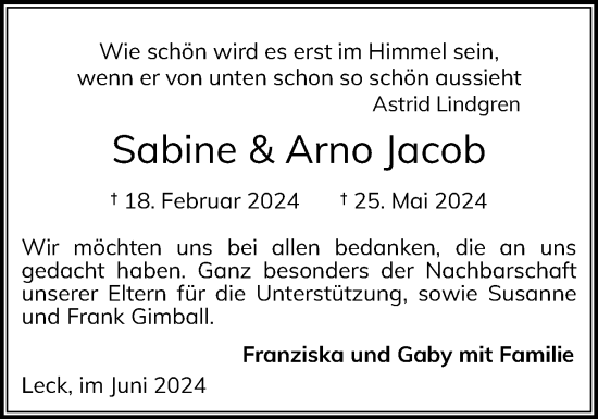 Traueranzeige von Sabine und Arno Jacob von Husumer Nachrichten, Nordfriesland Tageblatt