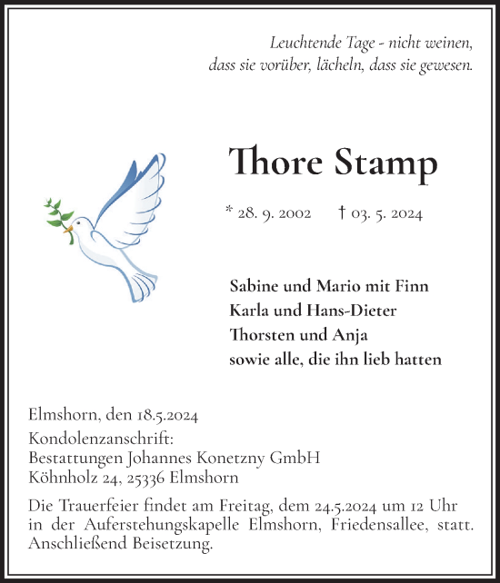 Traueranzeige von Thore Stamp von Elmshorner Nachrichten, Barmstedter Zeitung