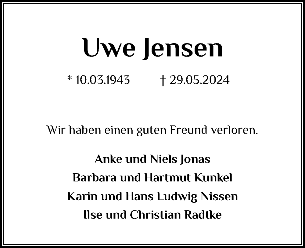  Traueranzeige für Uwe Jensen vom 05.06.2024 aus Schleswiger Nachrichten, Schlei-Bote