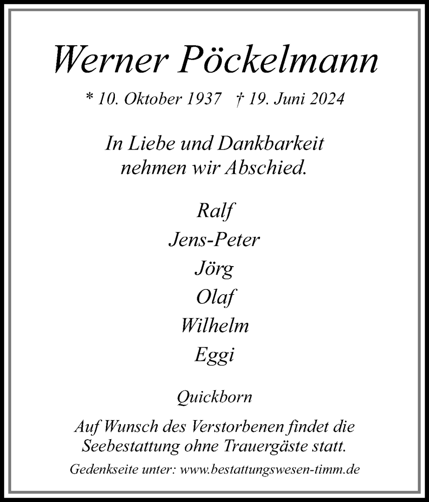  Traueranzeige für Werner Pöckelmann vom 29.06.2024 aus Region Pinneberg und tip Pinneberg