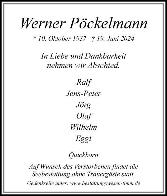 Traueranzeige von Werner Pöckelmann von Region Pinneberg und tip Pinneberg