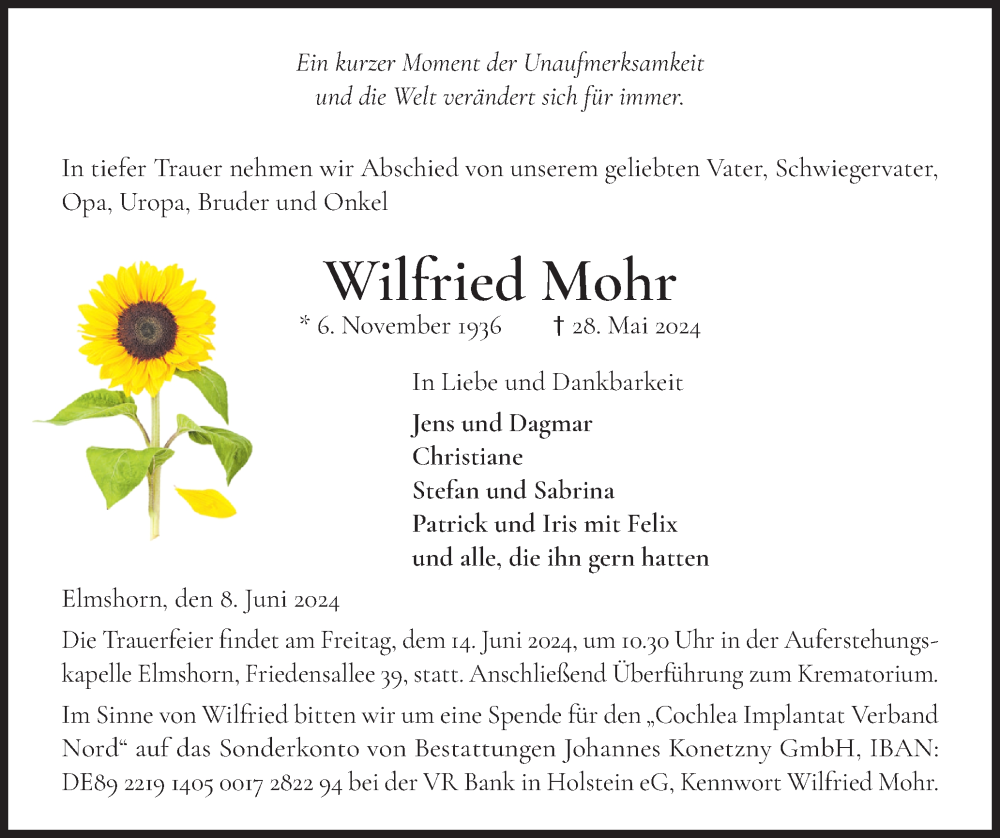  Traueranzeige für Wilfried Mohr vom 08.06.2024 aus Elmshorner Nachrichten, Barmstedter Zeitung