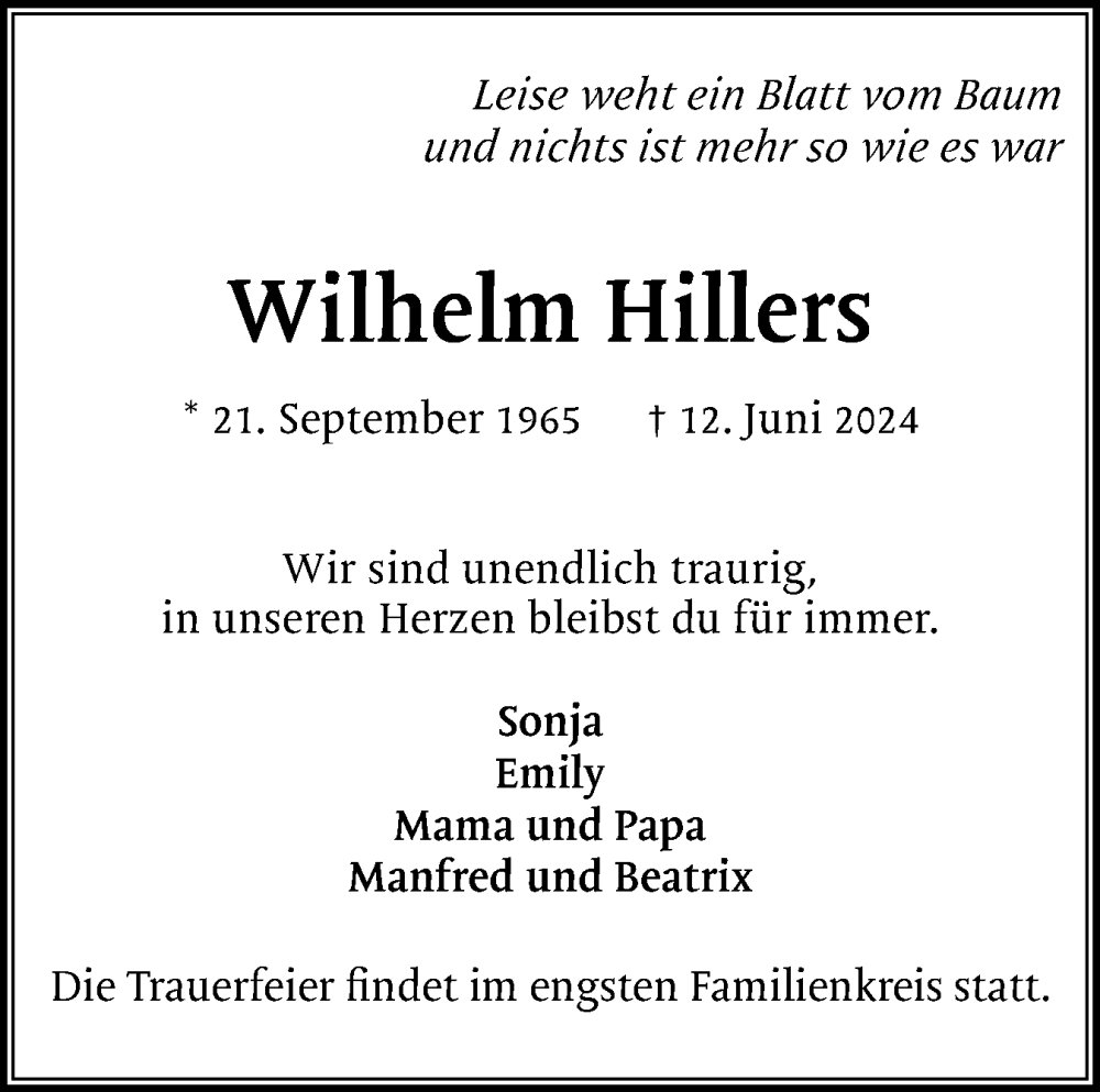  Traueranzeige für Wilhelm Hillers vom 29.06.2024 aus Region Pinneberg und tip Pinneberg