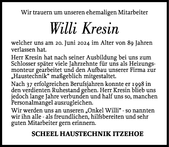 Traueranzeige von Willi Kresin von Norddeutsche Rundschau, Wilstersche Zeitung, Glückstädter Fortuna