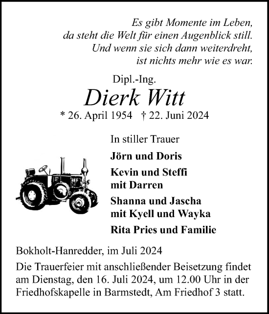 Traueranzeige von Dierk Witt von Elmshorner Nachrichten, Barmstedter Zeitung