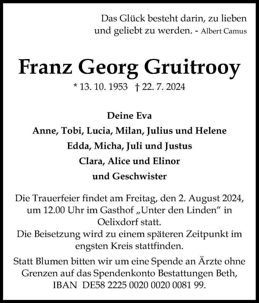  Traueranzeige für Franz Georg Gruitrooy vom 27.07.2024 aus Norddeutsche Rundschau, Wilstersche Zeitung, Glückstädter Fortuna