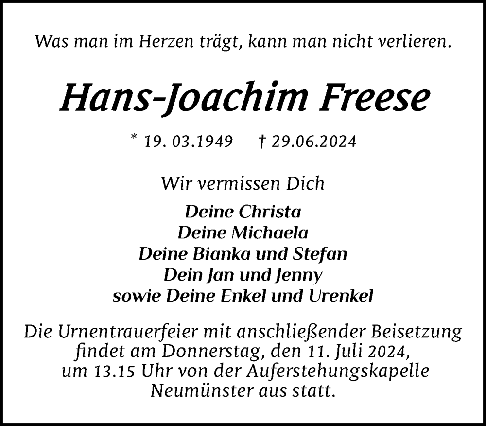  Traueranzeige für Hans-Joachim Freese vom 06.07.2024 aus Holsteinischer Courier