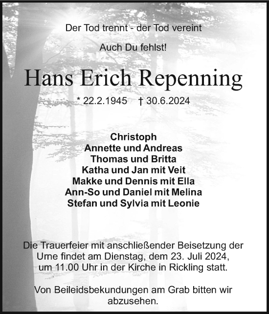 Traueranzeige von Hans Erich Repenning von Holsteinischer Courier
