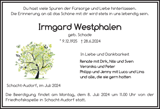 Traueranzeige von Irmgard Westphalen von Schleswig-Holsteinische Landeszeitung