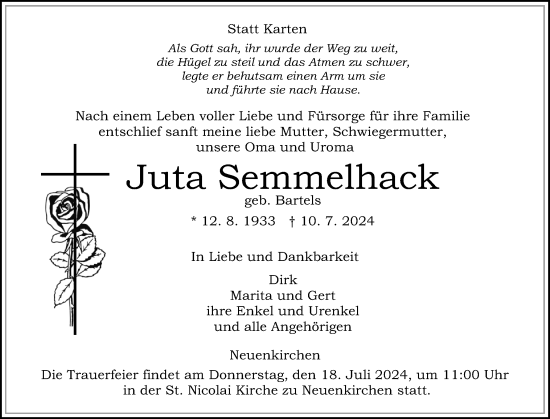 Traueranzeige von Juta Semmelhack von Norddeutsche Rundschau, Wilstersche Zeitung, Glückstädter Fortuna