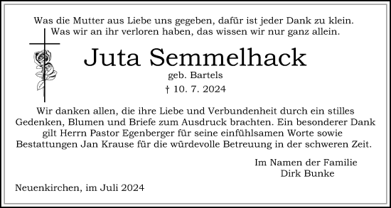Traueranzeige von Juta Semmelhack von Norddeutsche Rundschau, Wilstersche Zeitung, Glückstädter Fortuna