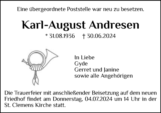 Traueranzeige von Karl-August Andresen von Der Insel-Bote