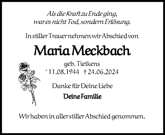 Traueranzeige von Maria Meckbach von Flensburger Tageblatt