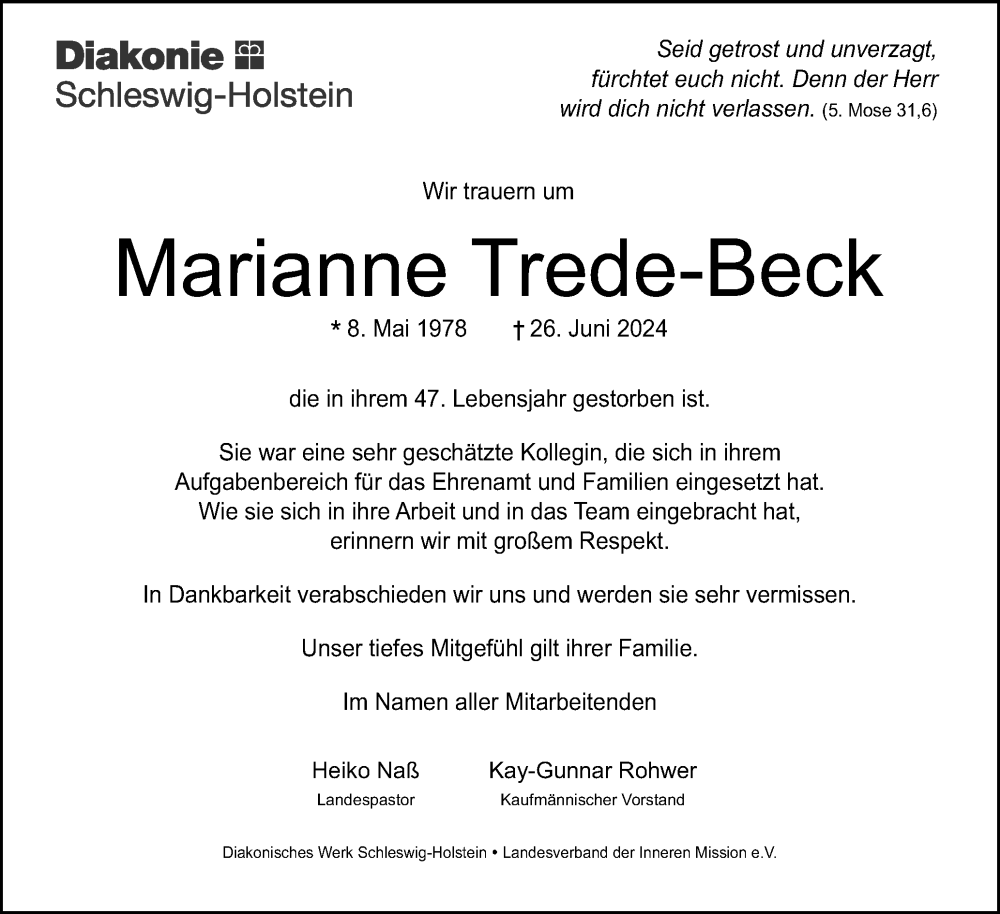  Traueranzeige für Marianne Trede-Beck vom 06.07.2024 aus Schleswig-Holsteinische Landeszeitung