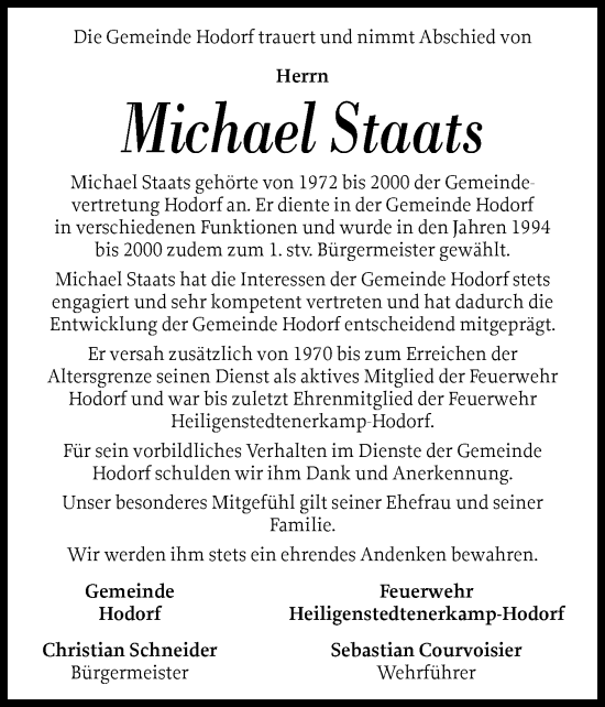 Traueranzeige von Michael Staats von Norddeutsche Rundschau, Wilstersche Zeitung, Glückstädter Fortuna