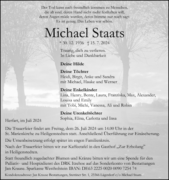 Traueranzeige von Michael Staats von Norddeutsche Rundschau, Wilstersche Zeitung, Glückstädter Fortuna