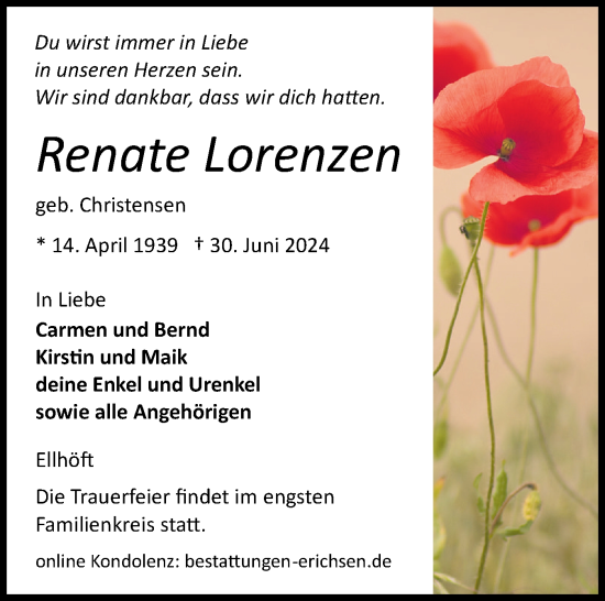 Traueranzeige von Renate Lorenzen von Region Flensburg