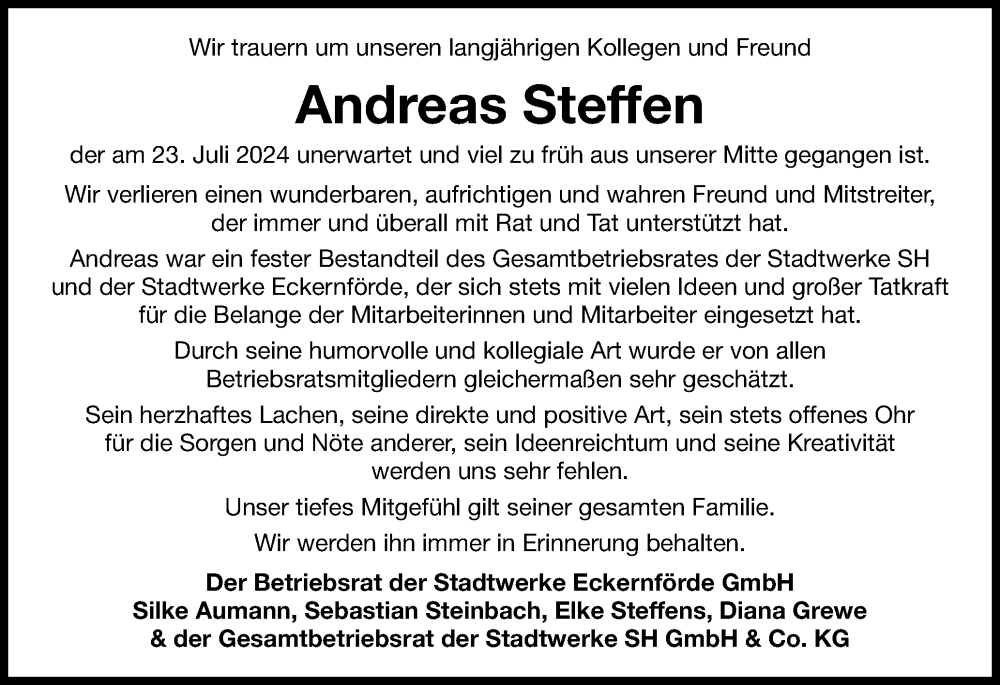  Traueranzeige für Andreas Steffen vom 03.08.2024 aus Schleswig-Holsteinische Landeszeitung, Schleswiger Nachrichten, Eckernförder Zeitung