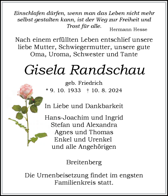 Traueranzeige von Gisela Randschau von Norddeutsche Rundschau, Wilstersche Zeitung, Glückstädter Fortuna