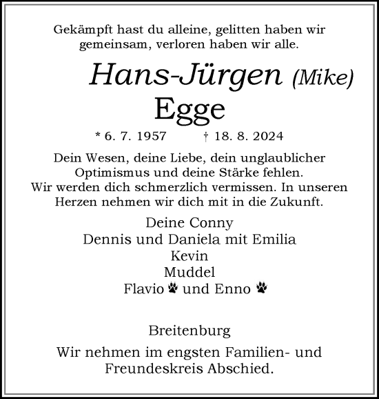 Traueranzeige von Hans-Jürgen Egge von Norddeutsche Rundschau, Wilstersche Zeitung, Glückstädter Fortuna