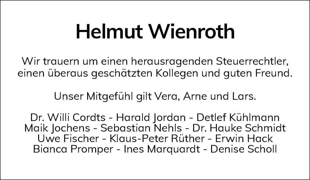  Traueranzeige für Helmut Wienroth vom 31.08.2024 aus Holsteinischer Courier
