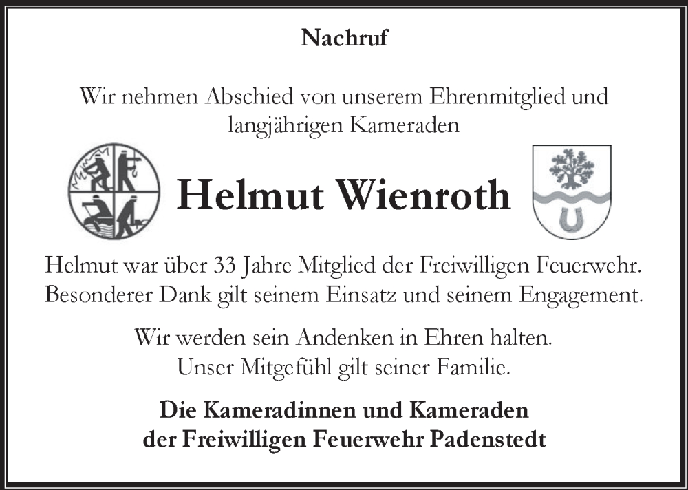  Traueranzeige für Helmut Wienroth vom 31.08.2024 aus Holsteinischer Courier