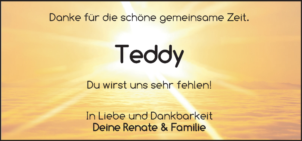  Traueranzeige für Teddy  vom 21.08.2024 aus Husumer Nachrichten, Nordfriesland Tageblatt