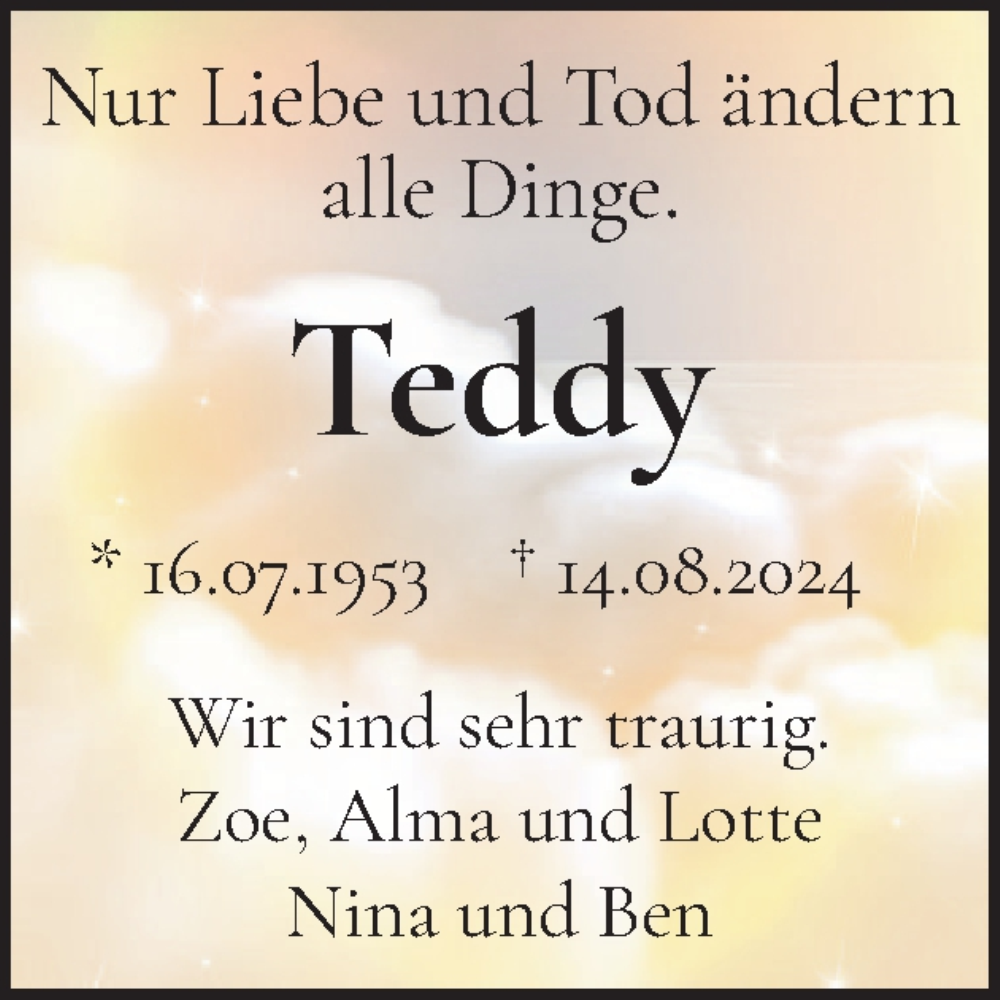  Traueranzeige für Teddy  vom 21.08.2024 aus Region Flensburg