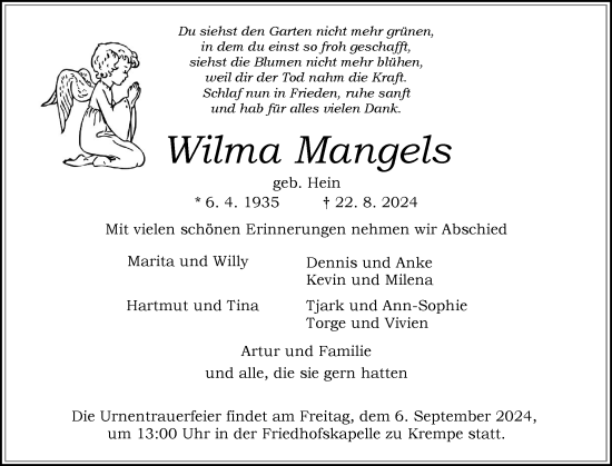 Traueranzeige von Wilma Mangels von Norddeutsche Rundschau, Wilstersche Zeitung, Glückstädter Fortuna