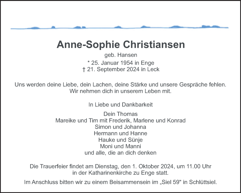 Traueranzeige für Anne-Sophie Christiansen vom 25.09.2024 aus Husumer Nachrichten, Nordfriesland Tageblatt