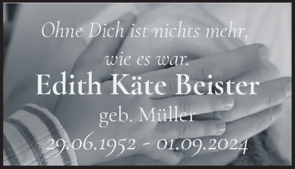  Traueranzeige für Edith Käte Beister vom 20.09.2024 aus Schleswig-Holsteinische Landeszeitung