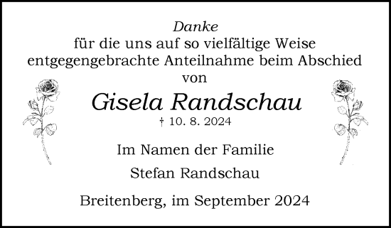 Traueranzeige von Gisela Randschau von Norddeutsche Rundschau, Wilstersche Zeitung, Glückstädter Fortuna