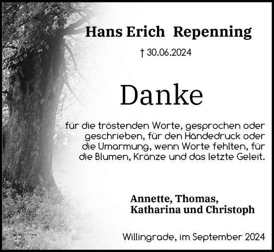 Traueranzeige von Hans Erich Repenning von Holsteinischer Courier