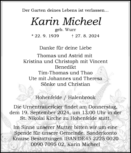 Traueranzeige von Karin Micheel von Region Steinburg-Elmshorn