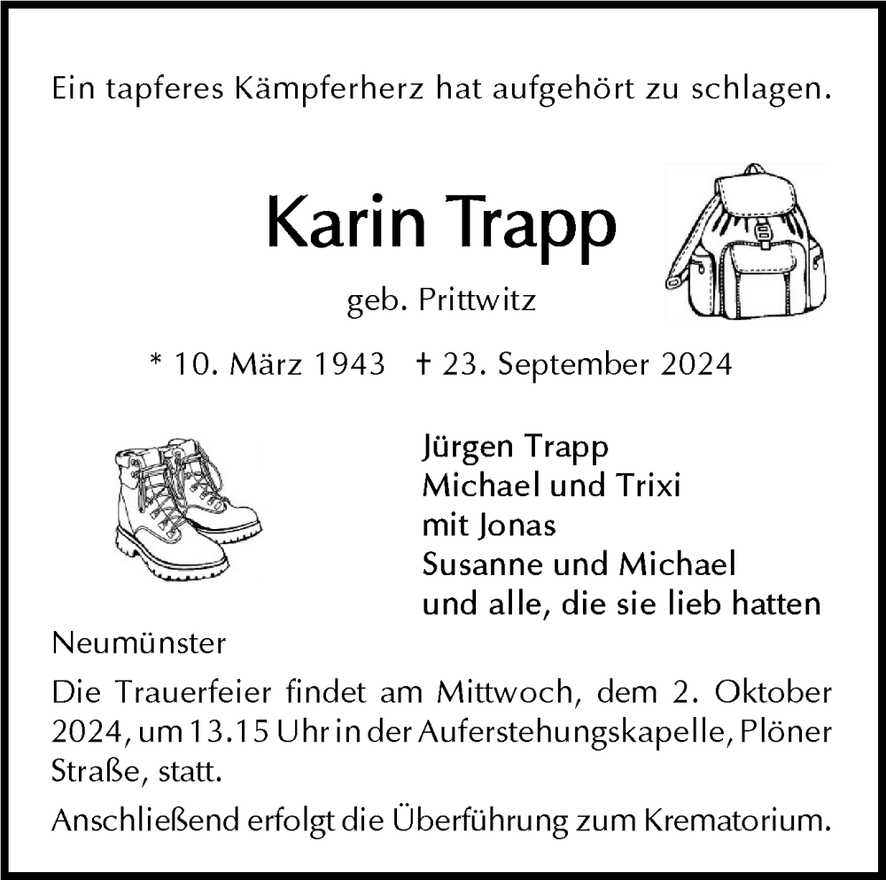  Traueranzeige für Karin Trapp vom 28.09.2024 aus Holsteinischer Courier